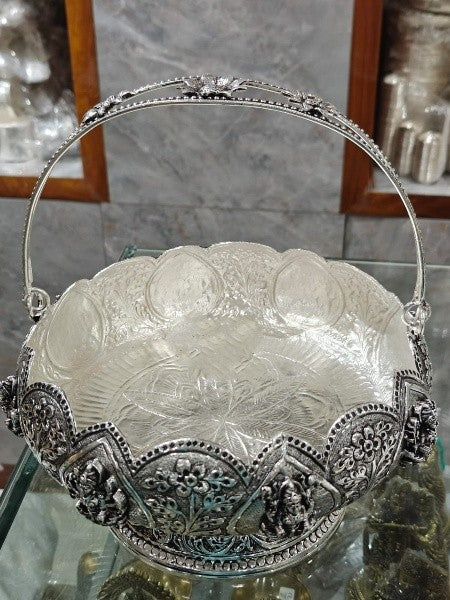 Antique finish lakshmi silver plated flower basket with stand